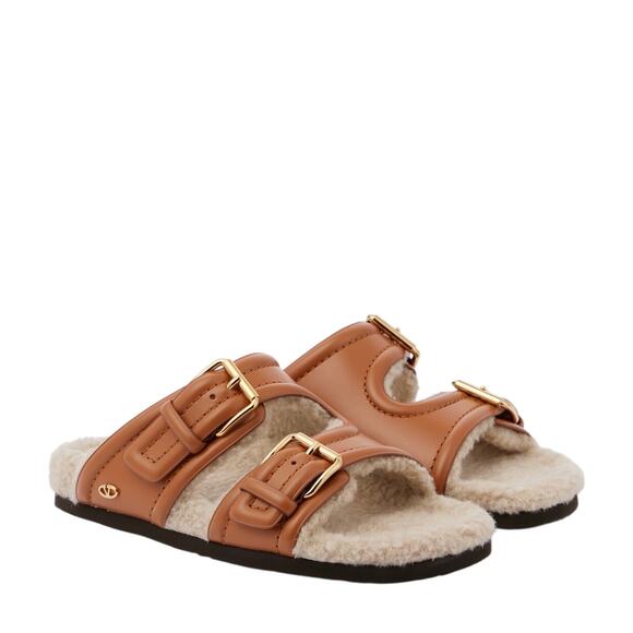 Valentino NIB Fussfriend Shearling Lined Leather Sandals in Brown Size 39.5 - Picture 1 of 14